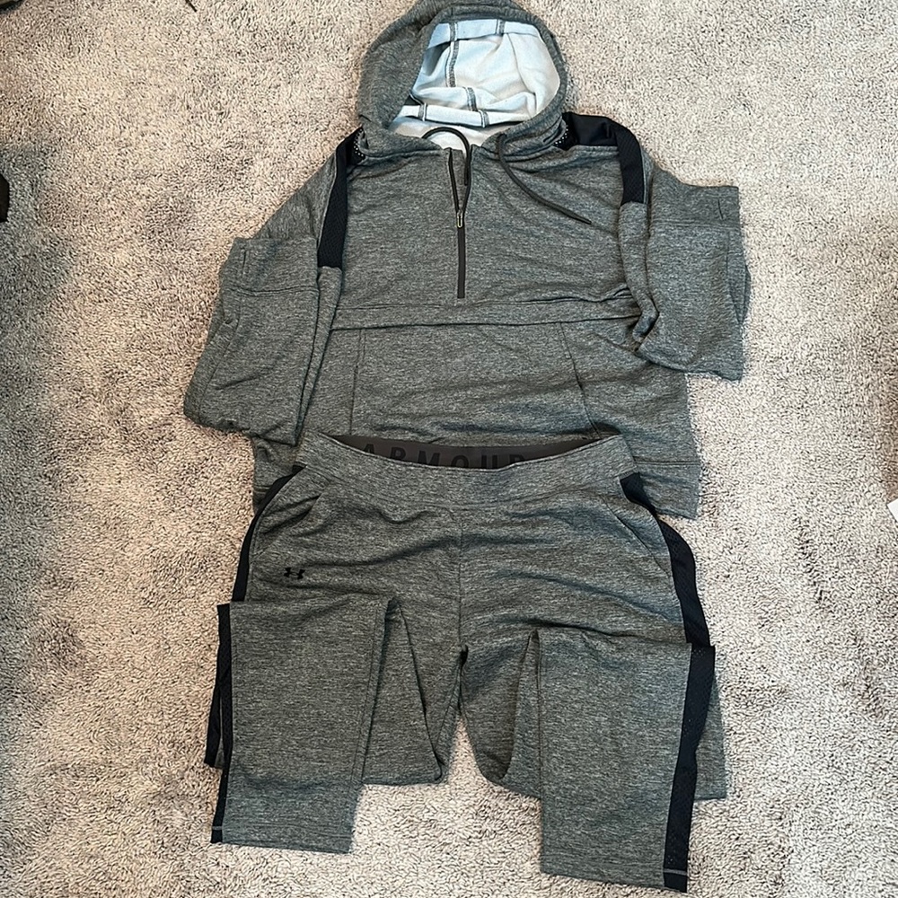 Hoodie sweatshirt and sweat pants from UnderArmour.  Gray and navy